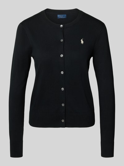 Produktfoto, Regular Fit Strickjacke aus Baumwoll-Mix von Polo Ralph Lauren in Schwarz mit Logo-Stitching, Rundhalsausschnitt, Knopfleiste, elastische Abschlüsse