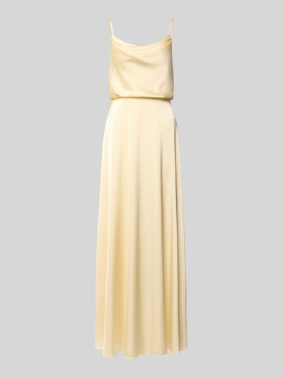 Produktfoto, Abendkleid aus Satin mit Spaghettiträgern von Hey Kyla in hellem Gelb, taillierte Passform, glatte Textur, Reißverschluss hinten