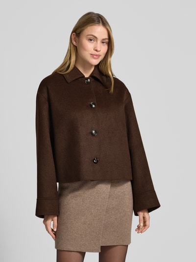 Jake*s Collection Relaxed fit jack met wol en platte kraag Donkerbruin - 4