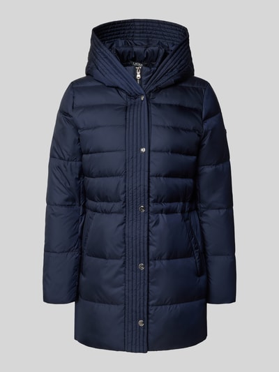 Productfoto, Daunenmantel mit Kapuze van Lauren Ralph Lauren in donkerblauw, licht glanzend, getailleerd, met kap en steekzakken.