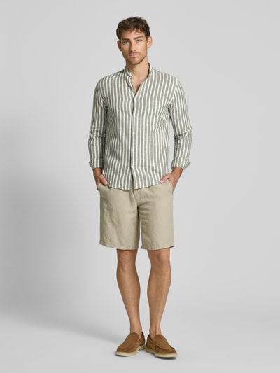 Lindbergh Koszula casulowa o kroju slim fit z mieszanki lnu i bawełny z kieszenią na piersi Oliwkowy 1