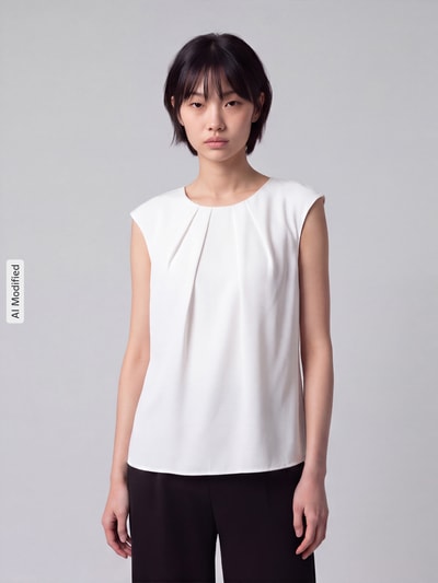 Frauenmodel trägt Blusenshirt mit gelegten Falten von Christian Berg Woman Selection, weiß, Material-Mix mit Stretch-Anteil, Nahaufnahme Oberkörper, KI-modifiziertes Bild.