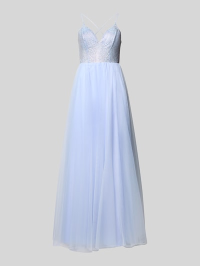 Produktfoto, wieczorowa sukienka z kryształkami 'Abendkleid mit Strasssteinbesatz' od Mascara, tiul, krój slim fit, sercowy dekolt, półprzezroczysty design, bez rękawów, cienkie ramiączka, długość maxi, kryty zamek, nieprzezroczysta podszewka, długość pleców w rozmiarze 36: 143 cm, szerokość w rozmiarze 36: 34 cm.