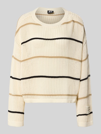 Produktfoto, Oversized Strickpullover mit Label-Detail und Rundhalsausschnitt von Karo Kauer aus grobem Strick mit Streifenmuster in Beige und Schwarz, strukturierte Oberfläche