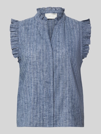 Produktfoto, dames blouse van Neo Noir, Bluse met Rüschen Modell 'SIONA', puur katoen, recht model, serafinohals, ruche, ruglengte maat 36: 60 cm, blauw met fijne witte strepen, lichte geweven structuur