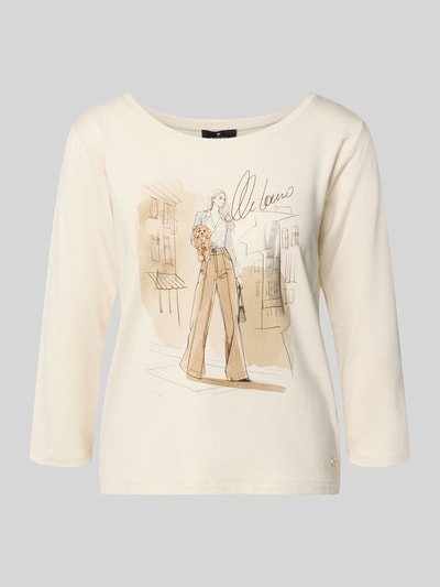 Produktfoto, cremefarbenes Regular Fit T-Shirt aus elastischem Viskose-Mix mit Motiv-Print von monari, Damen T-Shirt, 3/4-Arm, Rückenlänge 54 cm, Größe 36