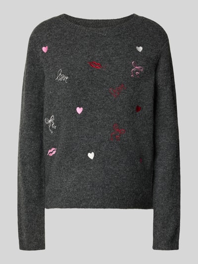 Produktfoto, Pullover mit floraler Stickerei von ONLY, dunkelgrauer Strick, farbige Stickereien und Herzmotive, unifarben, Rundhals, langarm, Damen Pullover
