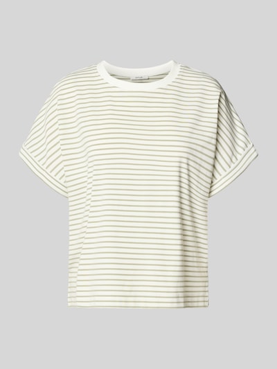 Productfoto, T-shirt met ronde hals model 'Sotel' van OPUS, mix van katoen en elastaan, relaxed fit, omslag aan mouwen, roomwit met fijne lichtgroene strepen