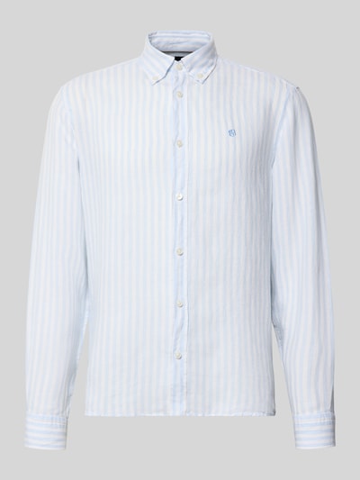 Produktfoto, Regular Fit Leinenhemd von BOSS in Two-Tone-Optik mit Logo-Stitching und Button-Down-Kragen, weiße und blaue Streifen