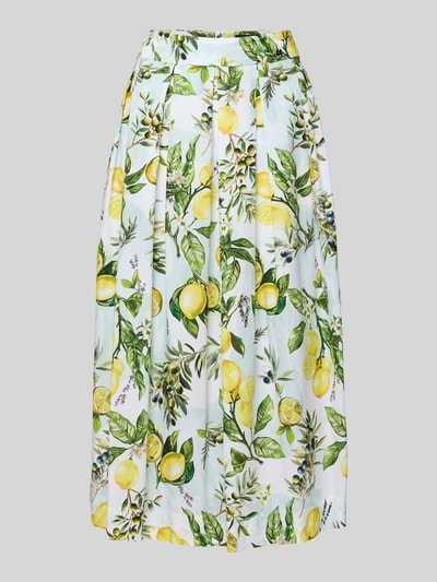 Produktfoto, Midirock im Allover-Look von Marc Cain aus reiner Baumwolle mit gelb-grünem Zitronen- und Blättermuster, A-Linie, Label-Details.