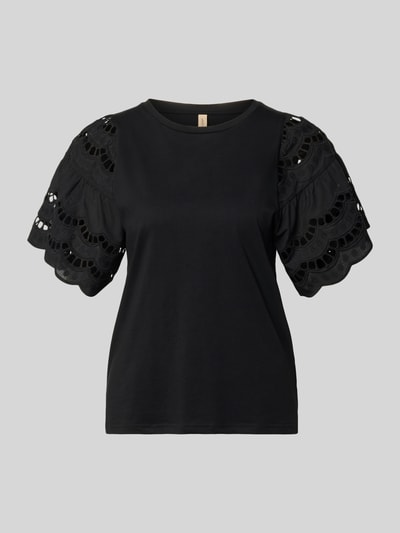 Produktfoto, T-Shirt mit Lochstickerei Modell 'LORAINE' von Soyaconcept, Damen T-Shirt aus Reine Baumwolle, Regular-Fit, Rundhalsausschnitt, Farbe Schwarz