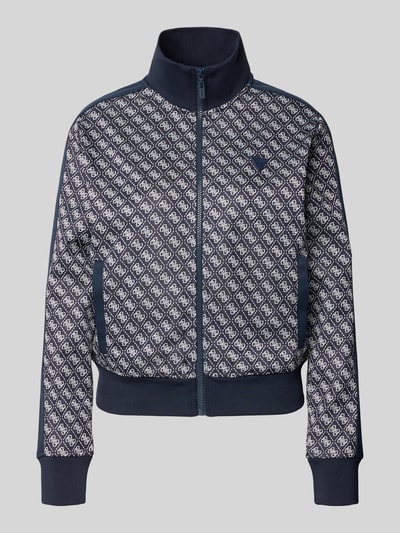 Produktfoto, Sweatjacke mit Stehkragen Modell 'MAYA' von Guess Activewear, regular fit, granatowa z białym wzorem, prążkowane wykończenia, kieszenie, zamek, logo marki