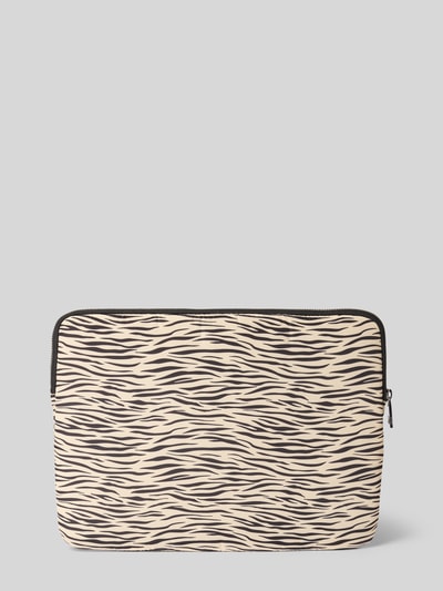 Produktfoto, Laptop-Tasche mit Allover-Animal-Print Modell 'Zebra' von WOUF, beżowo-czarne fale, główna przegroda z zamkiem błyskawicznym, aplikacja z logo