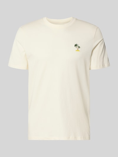 Produktfoto, T-Shirt mit Stitching Modell 'KAAN' von Blend aus reiner Baumwolle in Creme mit kleinem Palmen-Stitching, Regular Fit, Rundhalsausschnitt