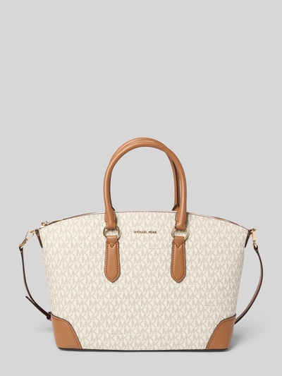 Produktfoto, Handtasche mit Logo-Applikation Modell 'Murphy' von MICHAEL Michael Kors, krem i brąz, monogram, złote detale, z kontekstem: damska torebka, zamykana na zamek, ramię oraz odpinane uchwyty, logo, wnętrze z kieszenią na suwak, Szerokość w rozmiarze 1: 40 cm, długość: 26 cm, głębokość: 12 cm, długość paska: 120 cm