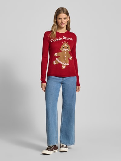 ONLY Sweter świąteczny o kroju regular fit z napisem model ‘XMAS GINGERBREAD’ Czerwony 1