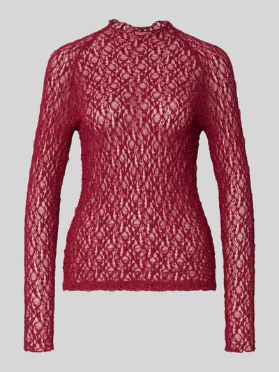 Produktfoto, Slim Fit Longsleeve in semitransparentem Design von Marc Cain, bordeaux, florale Spitze, Rundhalsausschnitt, Damenmode