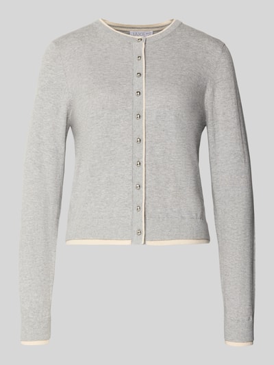Produktfoto, Strickjacke aus Baumwoll-Kaschmir-Mix van Jake*s Collection, dames, regular fit, ribboorden, ronde hals, knoopsluiting, lichtgrijs met beige accenten, ruglengte 49 cm, mouwlengte 59 cm, zachte textuur