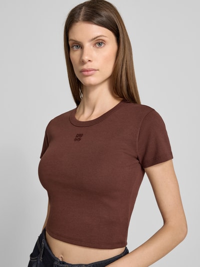 HUGO Slim fit T-shirt van katoenmix, model 'DELANOR' Chocoladebruin - 3