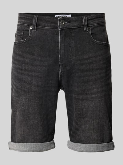 Produktfoto, Slim Fit Jeansshorts mit Umschlag von REVIEW in dunkler Jeans-Optik, Baumwoll-Mix mit Stretch-Anteil, Eingrifftaschen, Bundweite 41 cm, Innenbeinlänge 30 cm, Vorderansicht