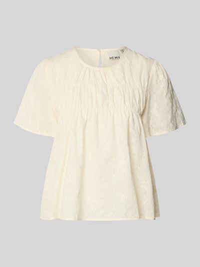 Produktfoto, Blusenshirt mit Stitchings Modell 'LANA' von ICHI, bawełna z domieszką wiskozy, krój regular fit, okrągły dekolt, długość tyłu w rozmiarze 36: 54 cm, długość rękawa w rozmiarze 36: 25 cm, kremowy kolor, delikatna faktura