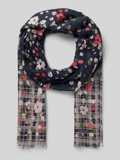 Produktfoto, Schal aus Baumwoll-Mix mit Seiden-Anteil von Marc Cain, florales Design auf dunklem Grund, Logo-Print, Breite 66 cm