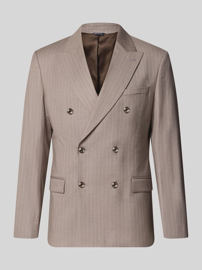 Produktfoto, Slim Fit Sakko mit Pattentaschen von MCNEAL in Beige mit feinen weißen Streifen, Zweireiher, strukturierte Material-Oberfläche, Material-Mix mit Viskose-Anteil, Reverskragen, Knopfverschluss, Pattentaschen, Maße in Größe 50: Rückenlänge 74 cm, Schulterbreite 56 cm, Ärmellänge 67 cm