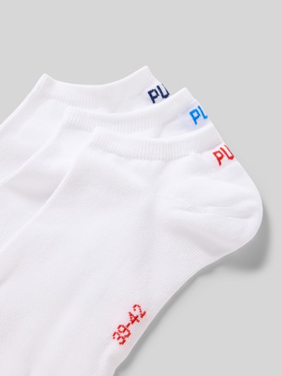 Produktfoto, Sneakersocken mit Logo im 3er-Pack von PUMA, weißer Baumwoll-Mix mit farbigem Logo, körpernahe Passform, Herrenaccessoire
