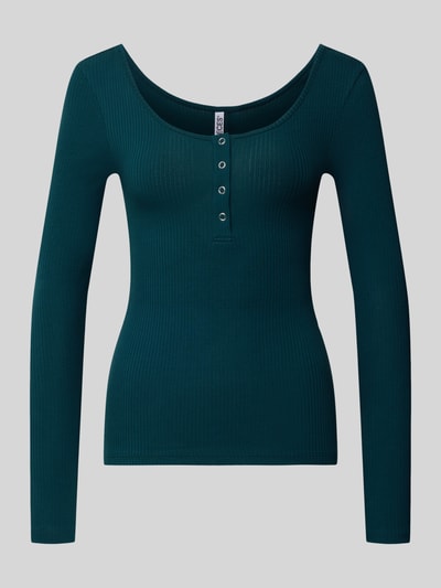 Produktfoto, Slim Fit Langarmshirt aus Baumwoll-Mix Modell 'KITTE' von Pieces, zielony, prążkowany, jednolity, paski, dekolt Henley, długi rękaw