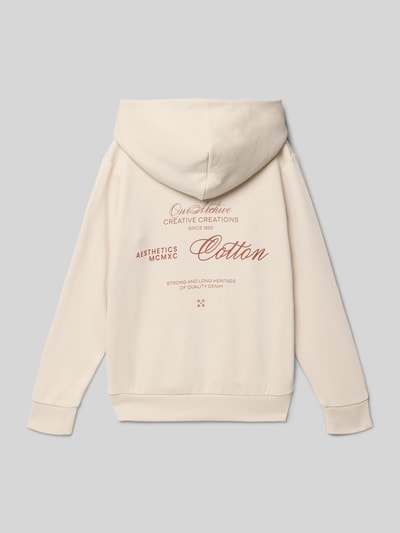 Productfoto, beige Hoodie met capuchon model 'ROAR' van Jack & Jones, katoenmix, labelprint, kangoeroezak, geribde boorden.