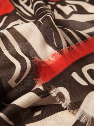 Produktfoto, Schal mit Label-Print von Oui in Rechteckiger Passform, ausgefranste Abschlüsse, Semitransparent, Breite 92 cm, creme-schwarz-rot