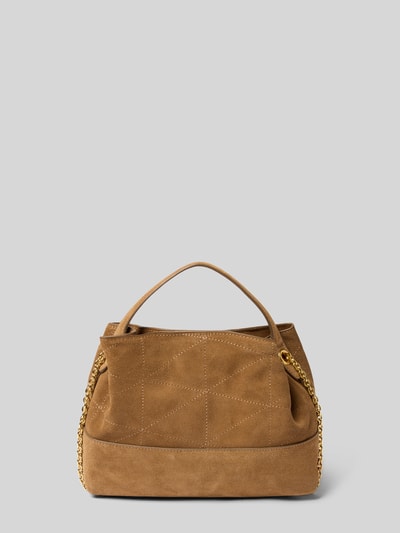 Produktfoto, braune Handtasche aus Leder Modell 'MONTE' von MANGO mit Steppnähten, Tragehenkel und Schulterriemen, goldene Kettendetails, Maße: 32x20x9 cm, Länge Schulterriemen 110 cm.