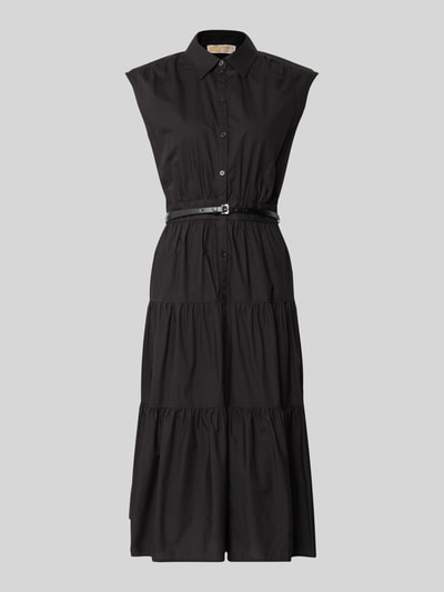 Produktfoto, Hemdblusenkleid mit Gürtel und Knopfleiste von MICHAEL Michael Kors, reine Baumwolle, Schwarz, taillierter Midikleid-Schnitt, Hemdblusenkragen, Kappärmel, Volantsaum, strukturierte Oberfläche, geeignet als Damenmode
