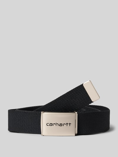 Productfoto, zwarte dames riem van Carhartt Work In Progress, logodetail, structuurpatroon, Model 'Chrome', clipsluiting, Breedte maat 1: 3 cm