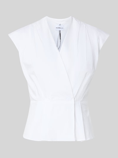 Produktfoto, weiße Regular-Fit Bluse mit gelegten Falten Modell 'Bazar' von Marella aus elastischem Baumwoll-Mix, Wickel-Optik, Ärmelloses-Design, V-Ausschnitt, feine Struktur.
