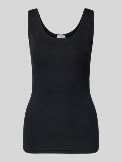 Produktfoto, schwarzes Slim Fit Top mit Rundhalsausschnitt von Hanro aus elastischem Modal-Mix, ärmellos, glatte Textur.