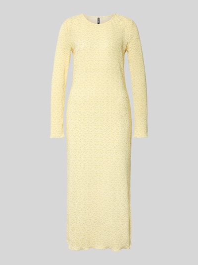 Produktfoto, Tailliertes Freizeitkleid mit Allover-Muster Modell 'FLORA' von Pieces in Gelb mit floralem Muster, Mini-Länge, Langarm, Crinkle-Textur, Rundhalsausschnitt