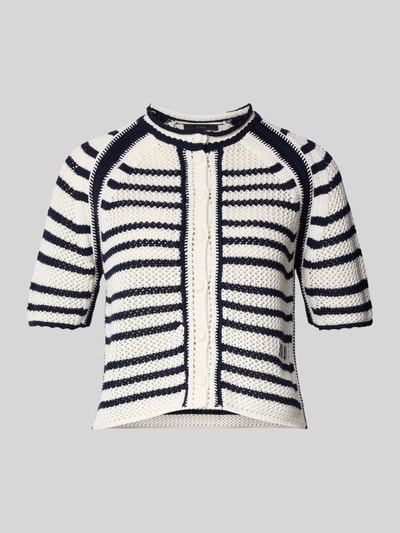 Produktfoto, Strickjacke aus Baumwolle mit 1/2-Arm von Oui, Regular-Fit, Rundhalsausschnitt, weiße Struktur mit navyfarbenen Streifen