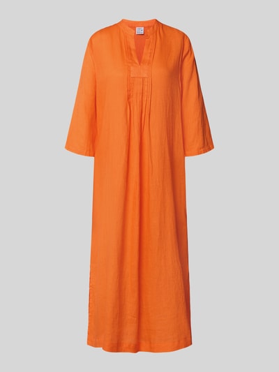 Produktfoto, Tunikakleid aus Leinen mit 3/4-Arm von Emily Van den Bergh in kräftigem Orange, lockerer Loose Fit, Midikleid, Tunikakragen, feine Leinenstruktur, Länge 116 cm, Brustweite 51 cm, Ärmellänge 45 cm
