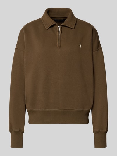 Produktfoto, Sweatshirt mit Label-Stitching von Polo Ralph Lauren z mieszanki bawełny, luźny krój, kołnierzyk polo, zamek błyskawiczny, prążkowane wykończenia, kolor brązowy