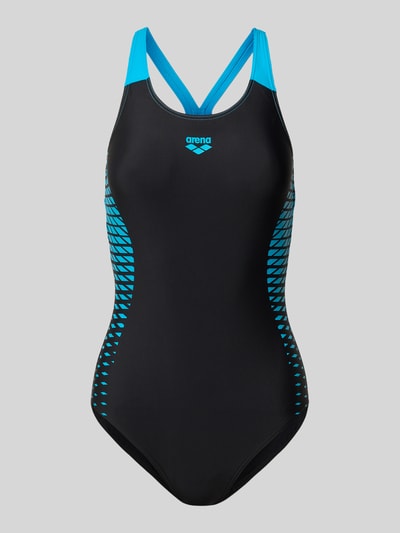 Produktfoto, schwarzer Badeanzug aus MaxFit Eco Material Modell 'Dynamo R' von Arena mit blauen Details, eng anliegend, schnelltrocknend, UV-Schutz, für Damen, chlor- und salzwasserbeständig, recyceltes Polyamid, figurbetonter Schnitt