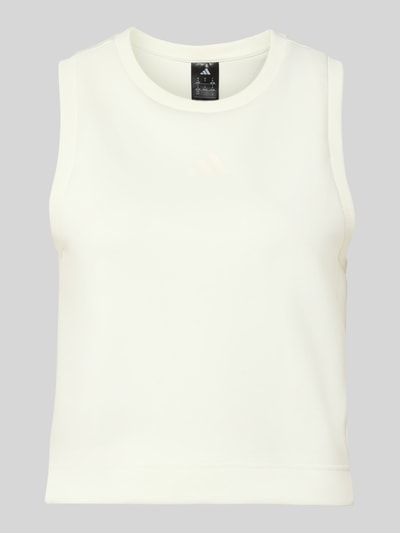 Produktfoto, cremefarbenes Tanktop mit geripptem Rundhalsausschnitt von adidas Sportswear, Material-Mix mit Modal-Anteil, Label-Detail, lockerer Schnitt, Rückenlänge bei Größe S 50 cm.