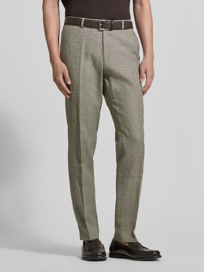Mannenmodel draagt Anzughose aus Leinen-Mix mit Gesäßtaschen van Carl Gross, linnenmix met wol, slim fit, persplooien, achterzakken, bandwijdte maat 50: 44 cm, binnenbeenlengte maat 50: 81 cm, volledige lichaamsvoorzijde