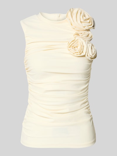 Produktfoto, Slim-Fit-Bluse mit floralem-Besatz Modell 'Orchida' von YAS aus Elastischer-Material-Mix in Creme, Ärmelloses-Design, Rundhalsausschnitt