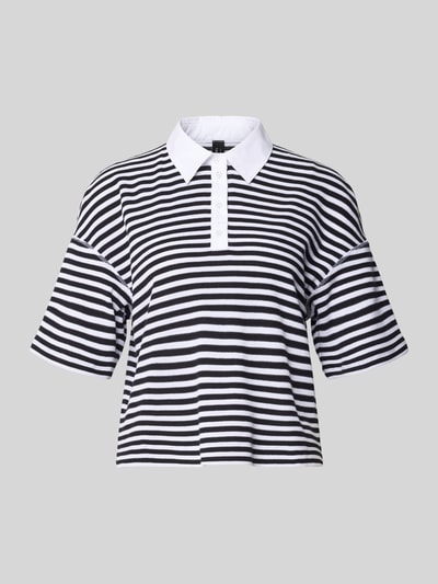 Produktfoto, Relaxed Fit Oberteil in Strick-Optik mit Polokragen von Marc Cain in Schwarz-Weiß gestreift aus Reine Baumwolle, Kurzärmelig, Rückenlänge 54 cm in Größe 36.