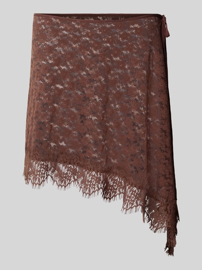Produktfoto, Minirock aus Spitzenbesatz Modell 'Phelia' von OH APRIL, braun, asymmetrisch, semitransparent, elastischer Material-Mix