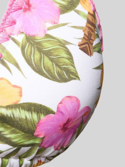 Produktfoto, Bikini-Oberteil in Triangel-Optik Modell 'Tortuga' von Banana Moon mit floralem Allover-Print auf weißem Elastikstoff, kräftige Farben, glatte Textur