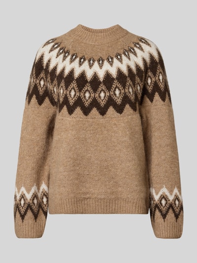 Produktfoto, Relaxed Fit Pullover mit Woll-Anteil Modell 'Jacquard' von Gina Tricot, braune Strick-Optik, runde Muster, elastischer Material-Mix
