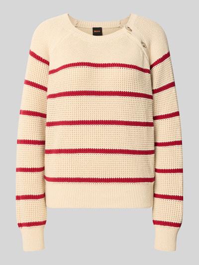 Produktfoto, Relaxed Fit Pullover aus Baumwoll-Mix Modell 'C_Farbori' von BOSS Orange, creme mit roten Streifen, grob gestrickte Textur, Damen Pullover von BOSS Orange