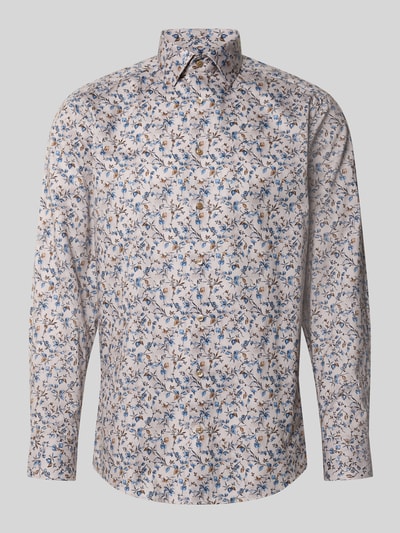 Productfoto, Modern Fit Businesshemd uit puur katoen van OLYMP met bloemenprint in blauw en bruin op beige achtergrond, Heren zakelijk overhemd